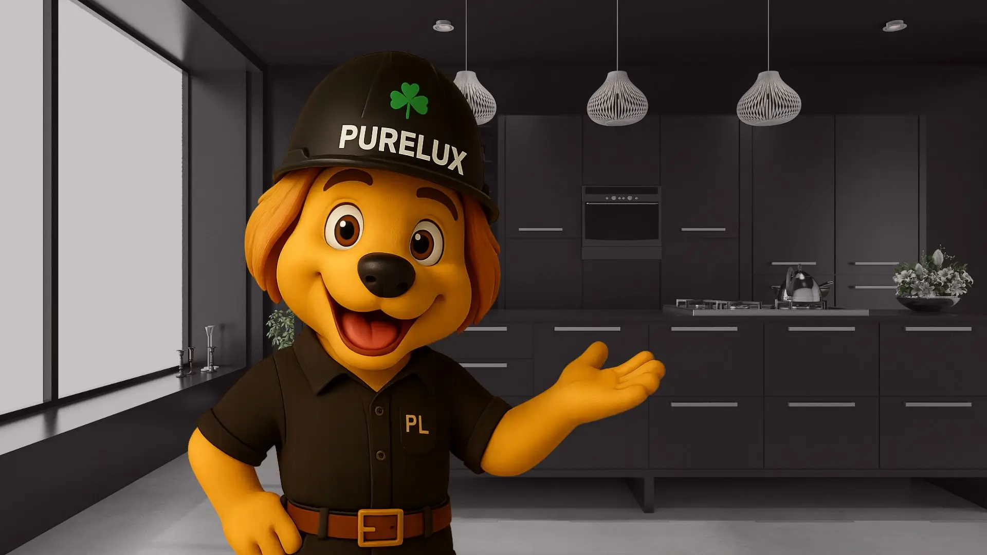 PURELUX mascot Pure with hard hat and clover